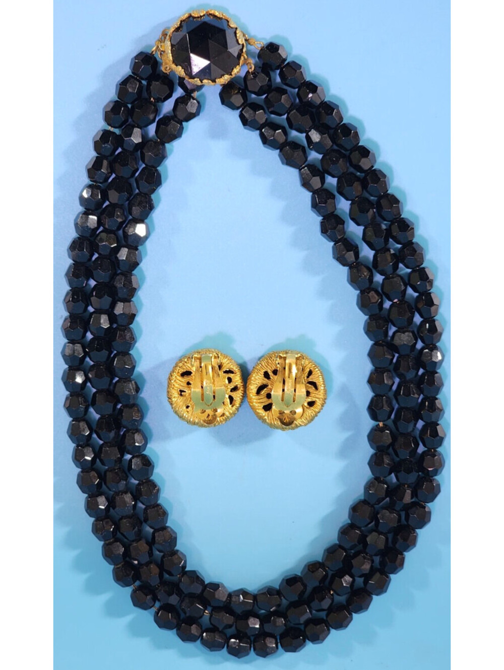 Vintage Jonne’ Black Crystal 3-Strand Necklace & Earrings House of Schrager